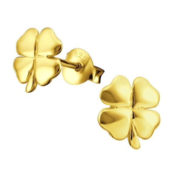 14k Gold Vermeil Shamrock Lucky Clover Stud Earrings - Picture 1 of 16